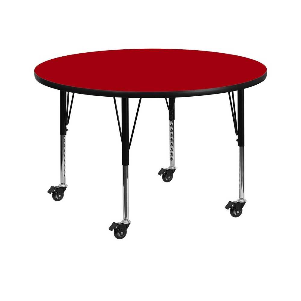 Mobile 48'' Round Red Thermal Laminate Activity Table - Height Adjustable Short Legs