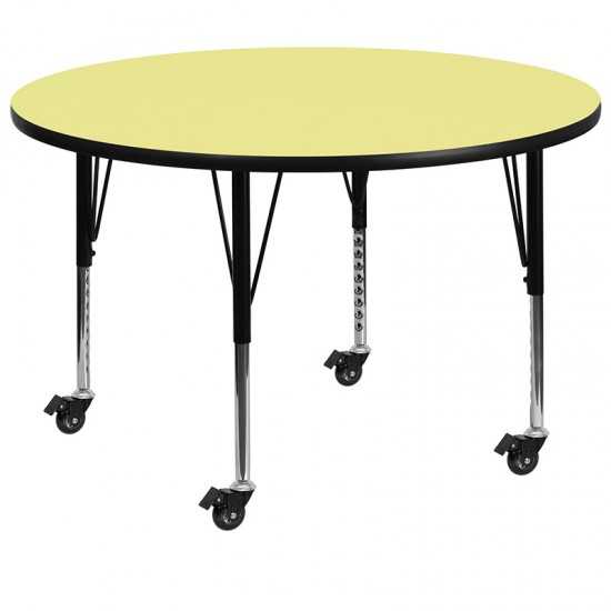 Mobile 48'' Round Yellow Thermal Laminate Activity Table - Height Adjustable Short Legs