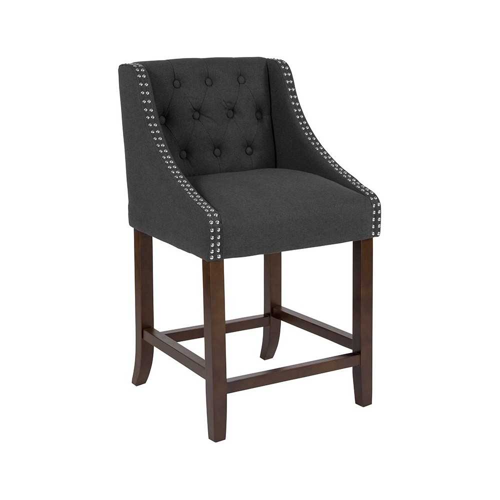 Carmel Series 24" High Transitional Tufted Walnut Counter Height Stool with Accent Nail Trim in Charcoal Fabric