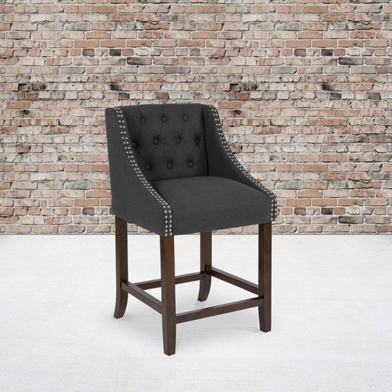 Carmel Series 24" High Transitional Tufted Walnut Counter Height Stool with Accent Nail Trim in Charcoal Fabric