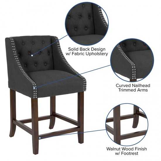 Carmel Series 24" High Transitional Tufted Walnut Counter Height Stool with Accent Nail Trim in Charcoal Fabric