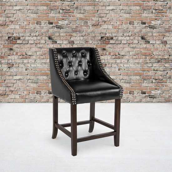 Carmel Series 24" High Transitional Tufted Walnut Counter Height Stool with Accent Nail Trim in Black LeatherSoft