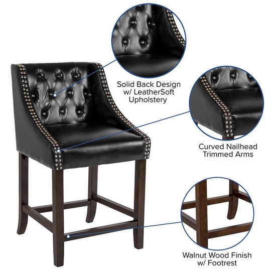 Carmel Series 24" High Transitional Tufted Walnut Counter Height Stool with Accent Nail Trim in Black LeatherSoft