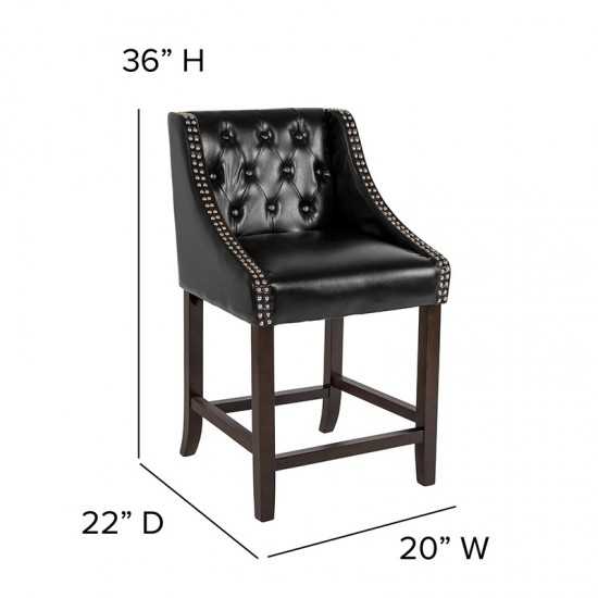 Carmel Series 24" High Transitional Tufted Walnut Counter Height Stool with Accent Nail Trim in Black LeatherSoft