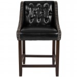 Carmel Series 24" High Transitional Tufted Walnut Counter Height Stool with Accent Nail Trim in Black LeatherSoft