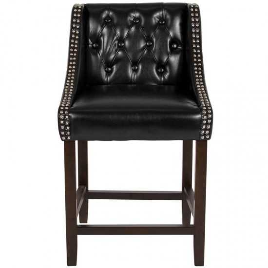 Carmel Series 24" High Transitional Tufted Walnut Counter Height Stool with Accent Nail Trim in Black LeatherSoft