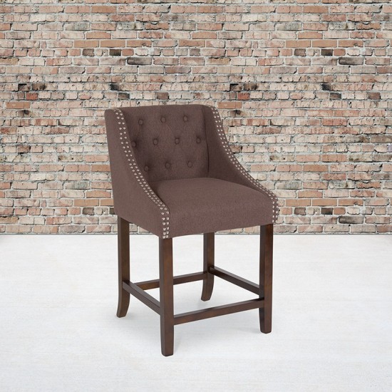 Carmel Series 24" High Transitional Tufted Walnut Counter Height Stool with Accent Nail Trim in Brown Fabric