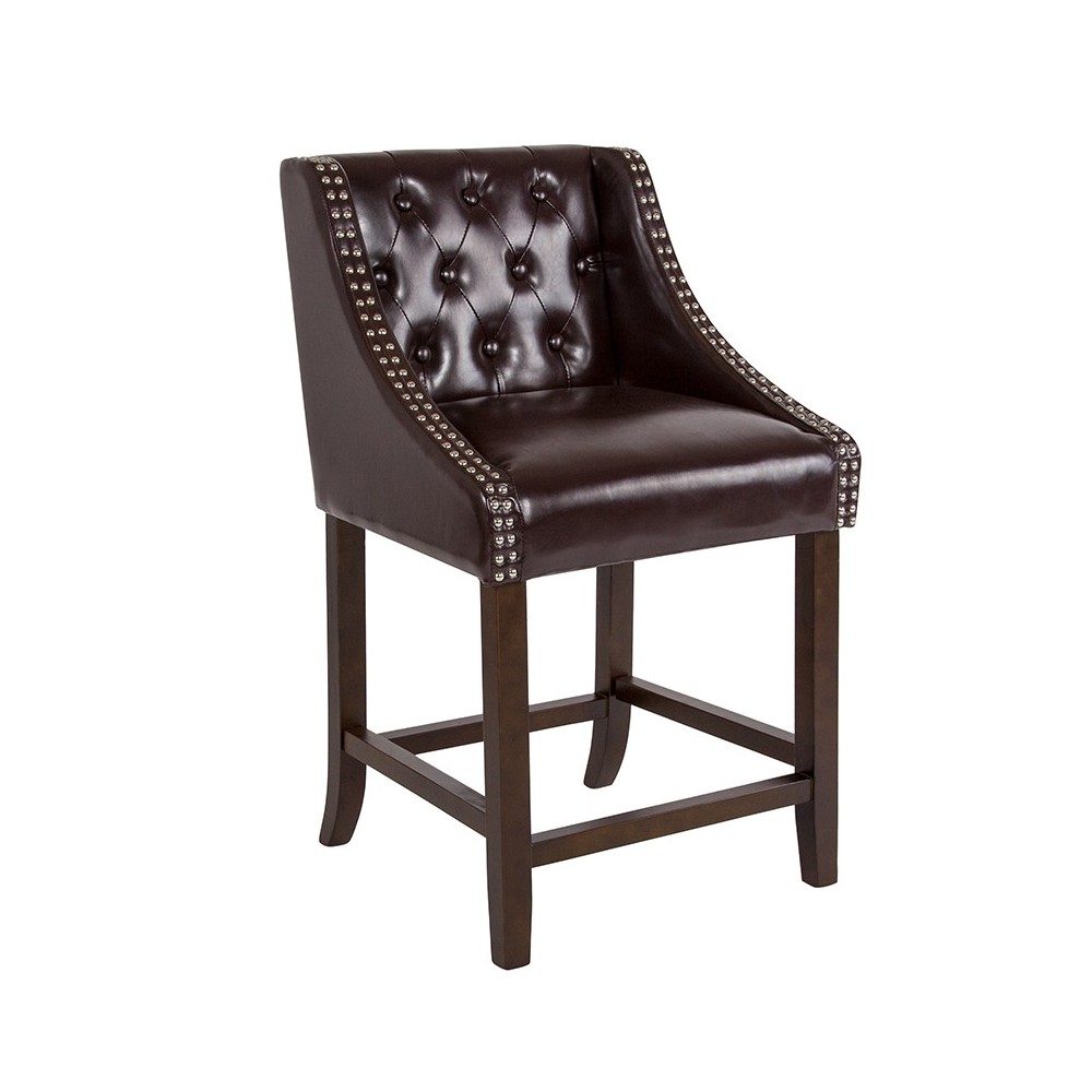 Carmel Series 24" High Transitional Tufted Walnut Counter Height Stool with Accent Nail Trim in Brown LeatherSoft