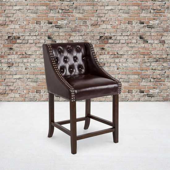 Carmel Series 24" High Transitional Tufted Walnut Counter Height Stool with Accent Nail Trim in Brown LeatherSoft