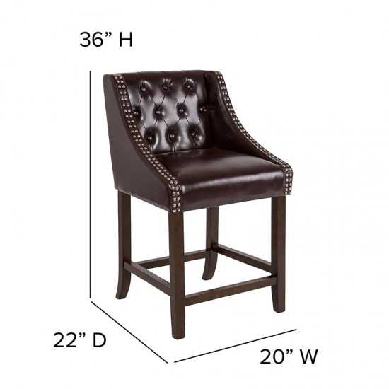 Carmel Series 24" High Transitional Tufted Walnut Counter Height Stool with Accent Nail Trim in Brown LeatherSoft