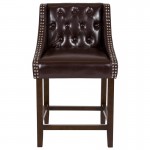 Carmel Series 24" High Transitional Tufted Walnut Counter Height Stool with Accent Nail Trim in Brown LeatherSoft