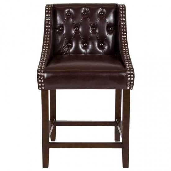 Carmel Series 24" High Transitional Tufted Walnut Counter Height Stool with Accent Nail Trim in Brown LeatherSoft