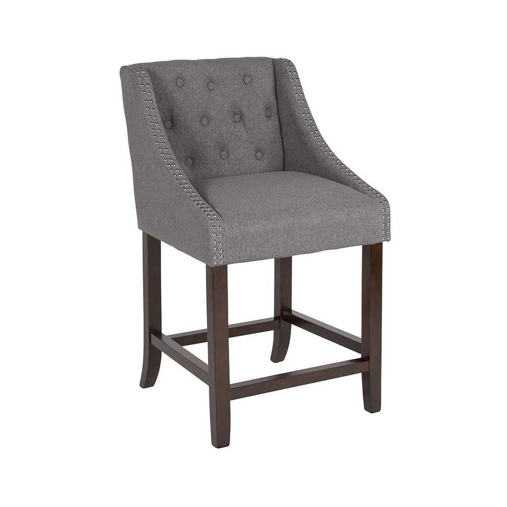 Carmel Series 24" High Transitional Tufted Walnut Counter Height Stool with Accent Nail Trim in Dark Gray Fabric