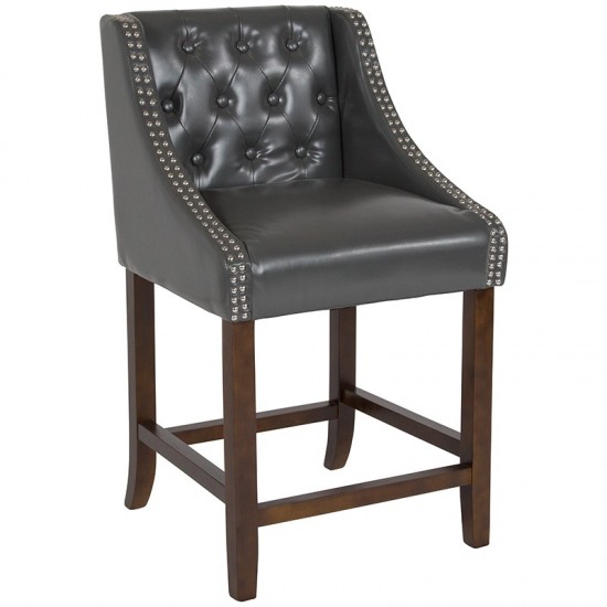 Carmel Series 24" High Transitional Tufted Walnut Counter Height Stool with Accent Nail Trim in Dark Gray LeatherSoft