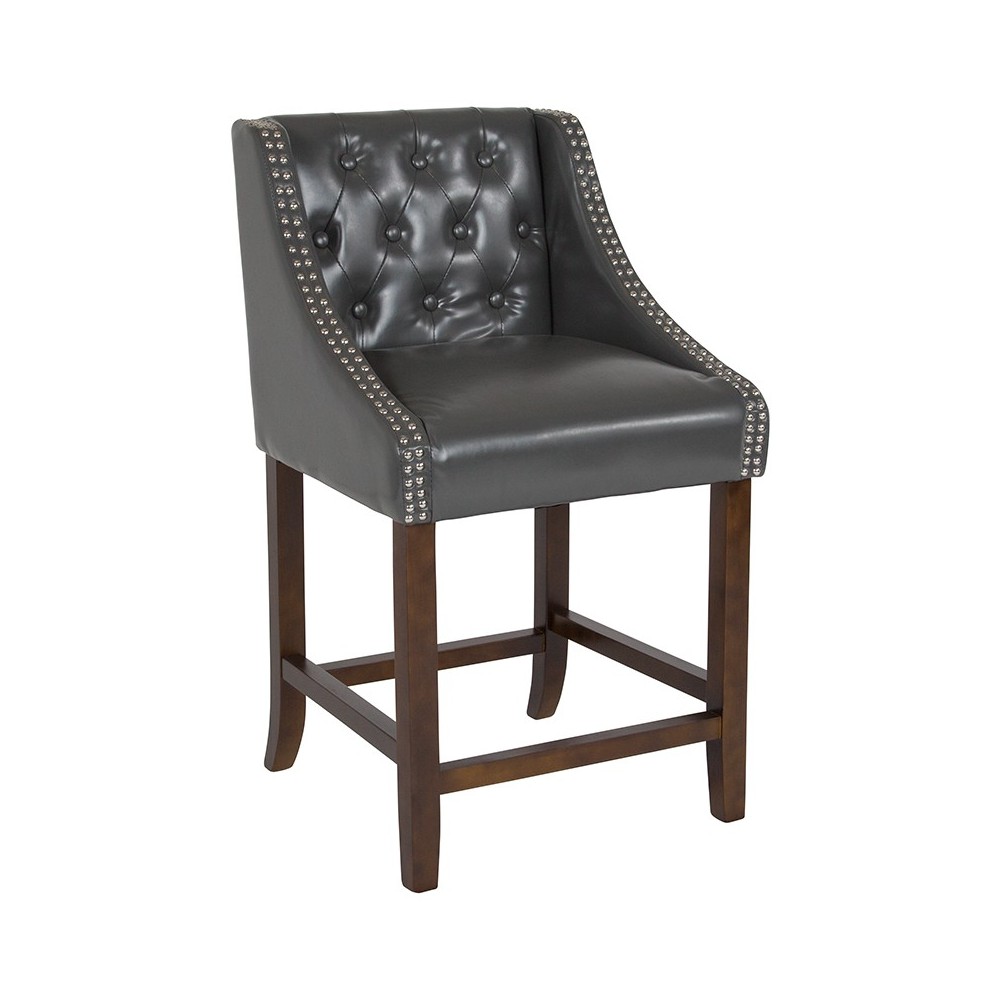 Carmel Series 24" High Transitional Tufted Walnut Counter Height Stool with Accent Nail Trim in Dark Gray LeatherSoft Carmel Series 24" High Transitional Tufted Walnut Counter Height Stool with Accent Nail Trim in Dark Gray LeatherSoft