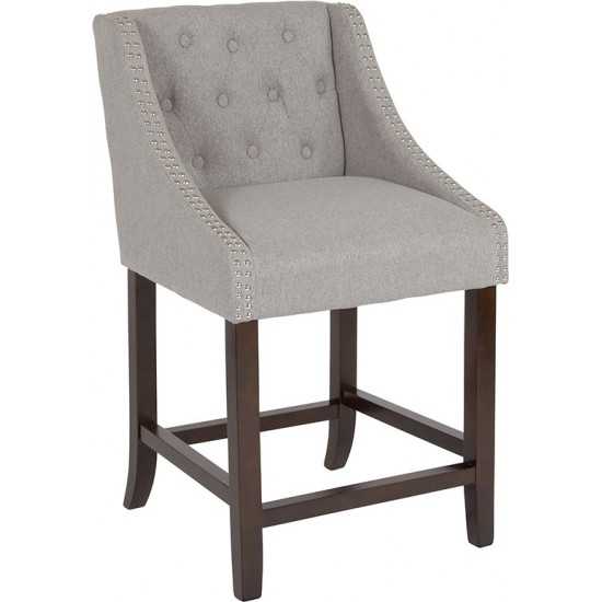 Carmel Series 24" High Transitional Tufted Walnut Counter Height Stool with Accent Nail Trim in Light Gray Fabric