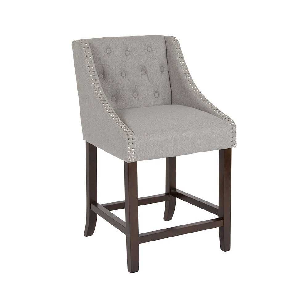 Carmel Series 24" High Transitional Tufted Walnut Counter Height Stool with Accent Nail Trim in Light Gray Fabric