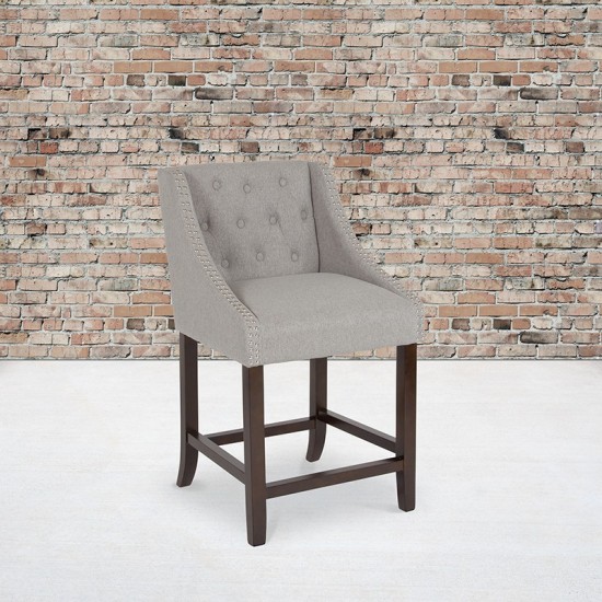 Carmel Series 24" High Transitional Tufted Walnut Counter Height Stool with Accent Nail Trim in Light Gray Fabric