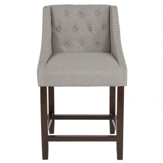 Carmel Series 24" High Transitional Tufted Walnut Counter Height Stool with Accent Nail Trim in Light Gray Fabric