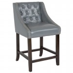 Carmel Series 24" High Transitional Tufted Walnut Counter Height Stool with Accent Nail Trim in Light Gray LeatherSoft