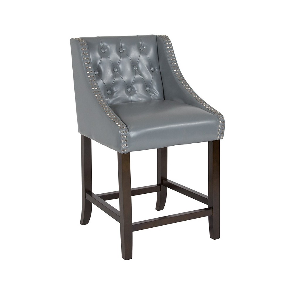 Carmel Series 24" High Transitional Tufted Walnut Counter Height Stool with Accent Nail Trim in Light Gray LeatherSoft