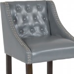 Carmel Series 24" High Transitional Tufted Walnut Counter Height Stool with Accent Nail Trim in Light Gray LeatherSoft