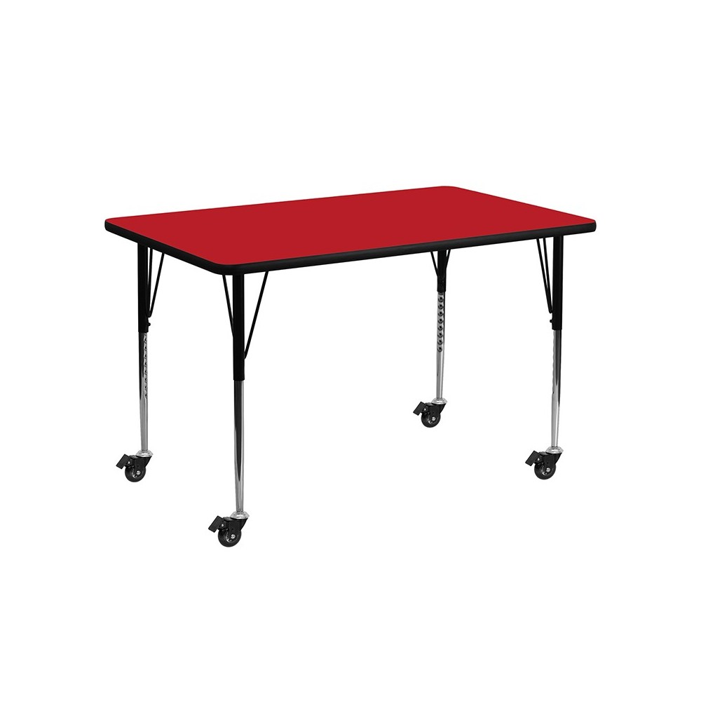 Mobile 24''W x 48''L Rectangular Red HP Laminate Activity Table - Standard Height Adjustable Legs