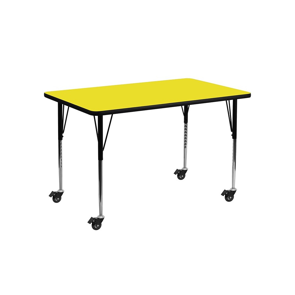 Mobile 24''W x 48''L Rectangular Yellow HP Laminate Activity Table - Standard Height Adjustable Legs