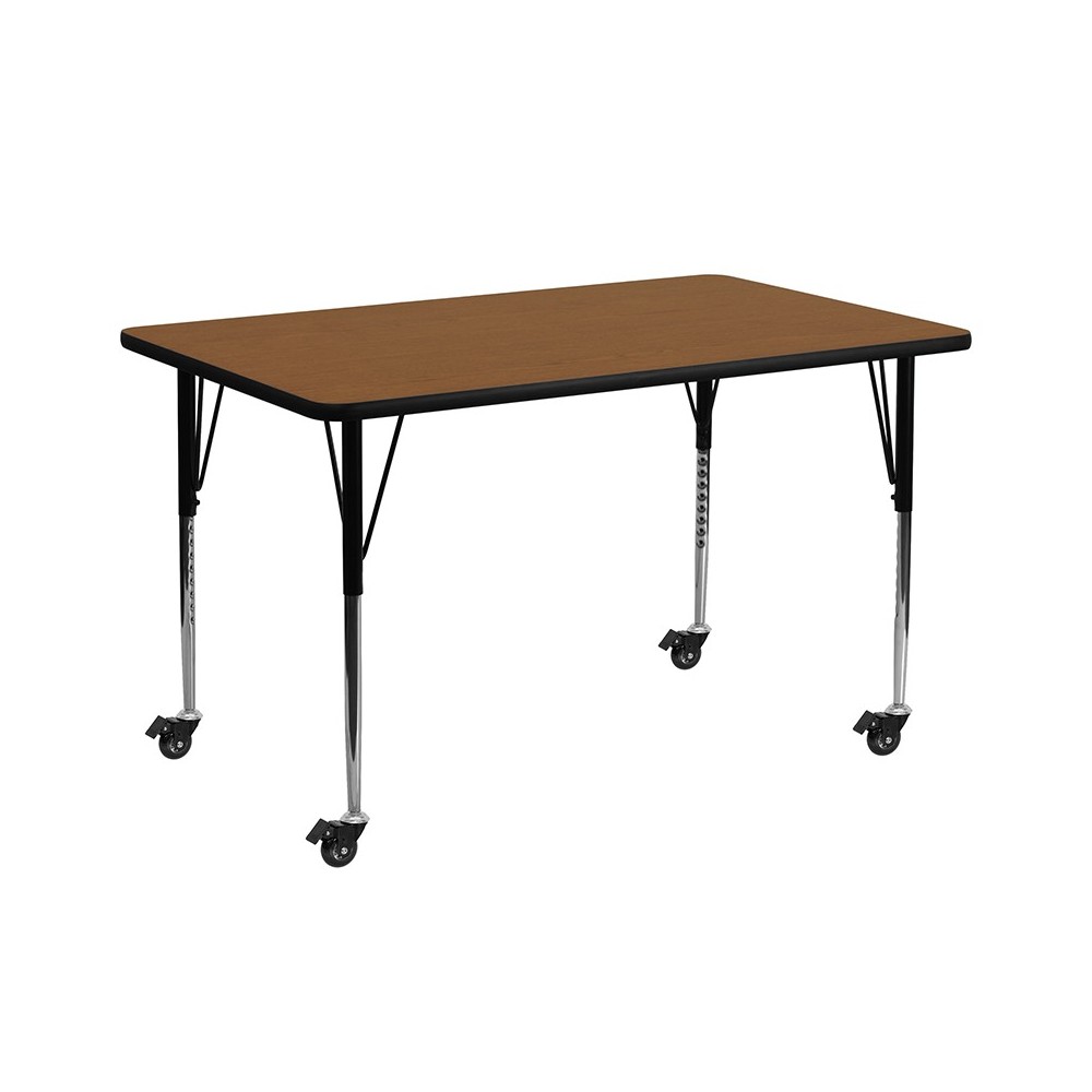 Mobile 30''W x 72''L Rectangular Oak HP Laminate Activity Table - Standard Height Adjustable Legs