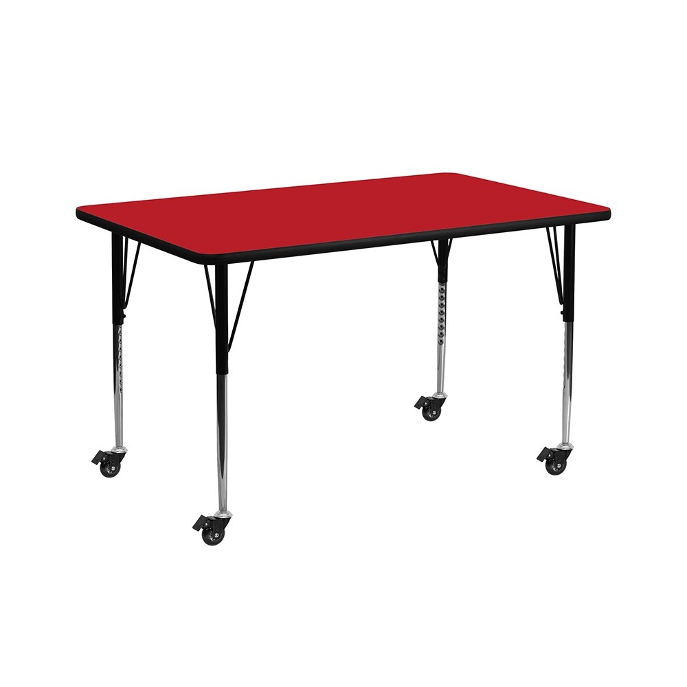 Mobile 30''W x 72''L Rectangular Red HP Laminate Activity Table - Standard Height Adjustable Legs