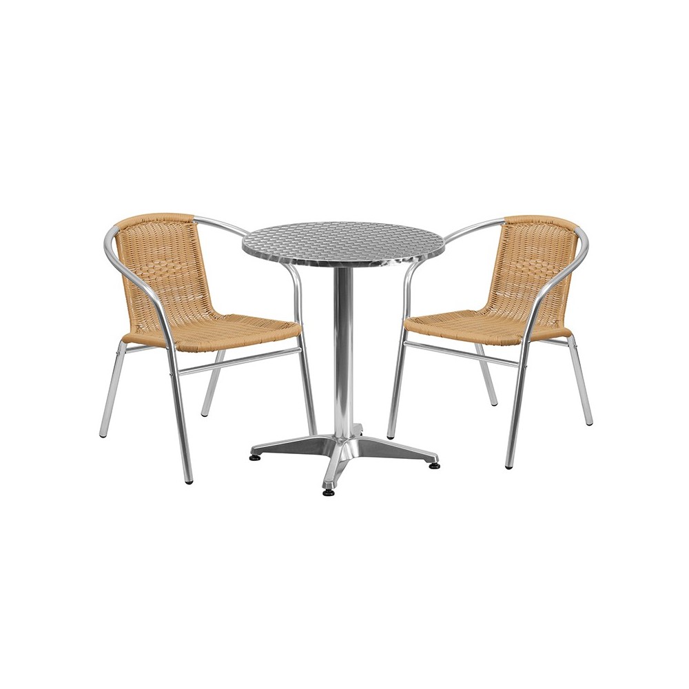 23.5'' Round Aluminum Indoor-Outdoor Table Set with 2 Beige Rattan Chairs