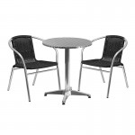 23.5'' Round Aluminum Indoor-Outdoor Table Set with 2 Black Rattan Chairs