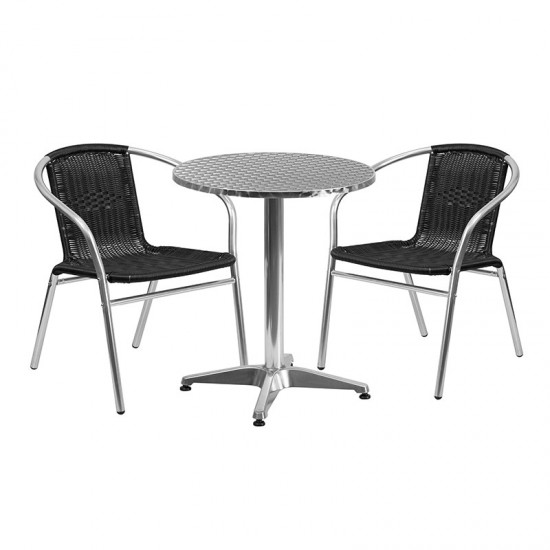 23.5'' Round Aluminum Indoor-Outdoor Table Set with 2 Black Rattan Chairs