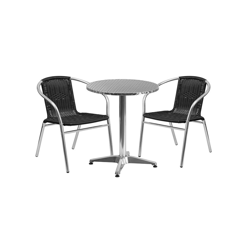 23.5'' Round Aluminum Indoor-Outdoor Table Set with 2 Black Rattan Chairs 23.5'' Round Aluminum Indoor-Outdoor Table Set with 2 Black Rattan Chairs