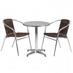 23.5\'\' Round Aluminum Indoor-Outdoor Table Set with 2 Dark Brown Rattan Chairs