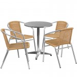 23.5'' Round Aluminum Indoor-Outdoor Table Set with 4 Beige Rattan Chairs