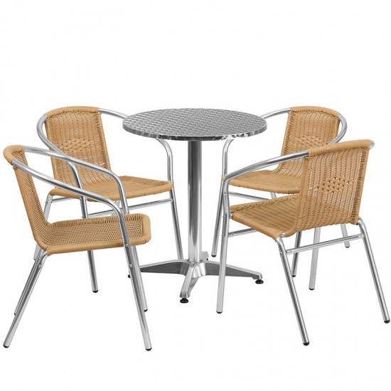 23.5'' Round Aluminum Indoor-Outdoor Table Set with 4 Beige Rattan Chairs