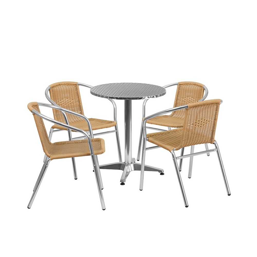 23.5'' Round Aluminum Indoor-Outdoor Table Set with 4 Beige Rattan Chairs