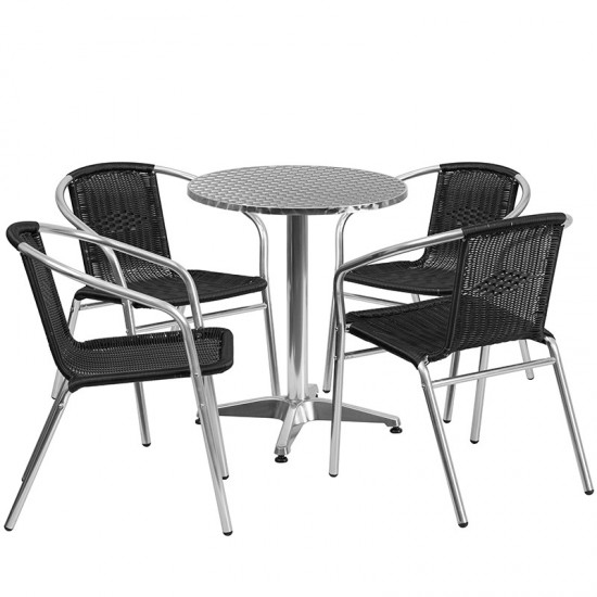 23.5'' Round Aluminum Indoor-Outdoor Table Set with 4 Black Rattan Chairs