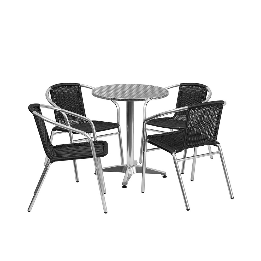 23.5'' Round Aluminum Indoor-Outdoor Table Set with 4 Black Rattan Chairs