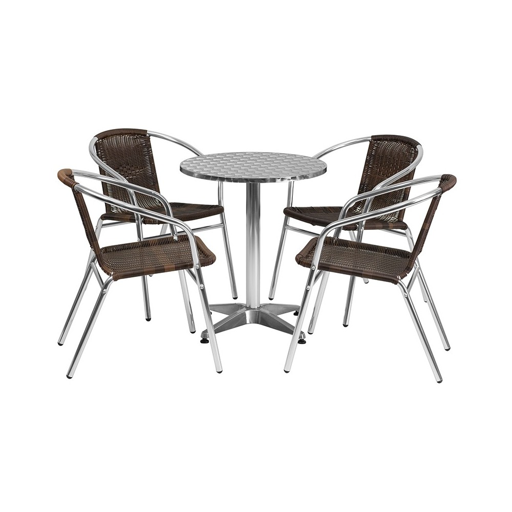 23.5'' Round Aluminum Indoor-Outdoor Table Set with 4 Dark Brown Rattan Chairs