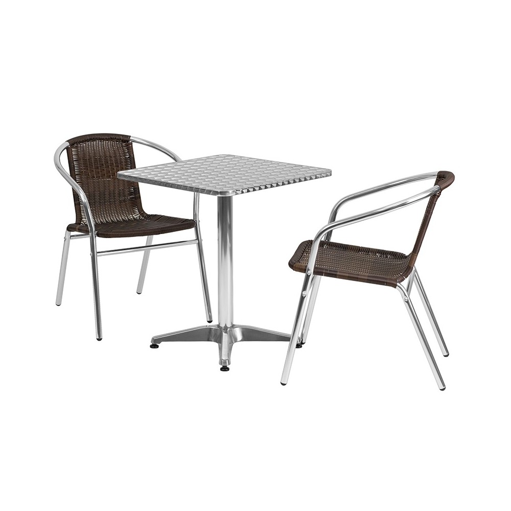 23.5'' Square Aluminum Indoor-Outdoor Table Set with 2 Dark Brown Rattan Chairs