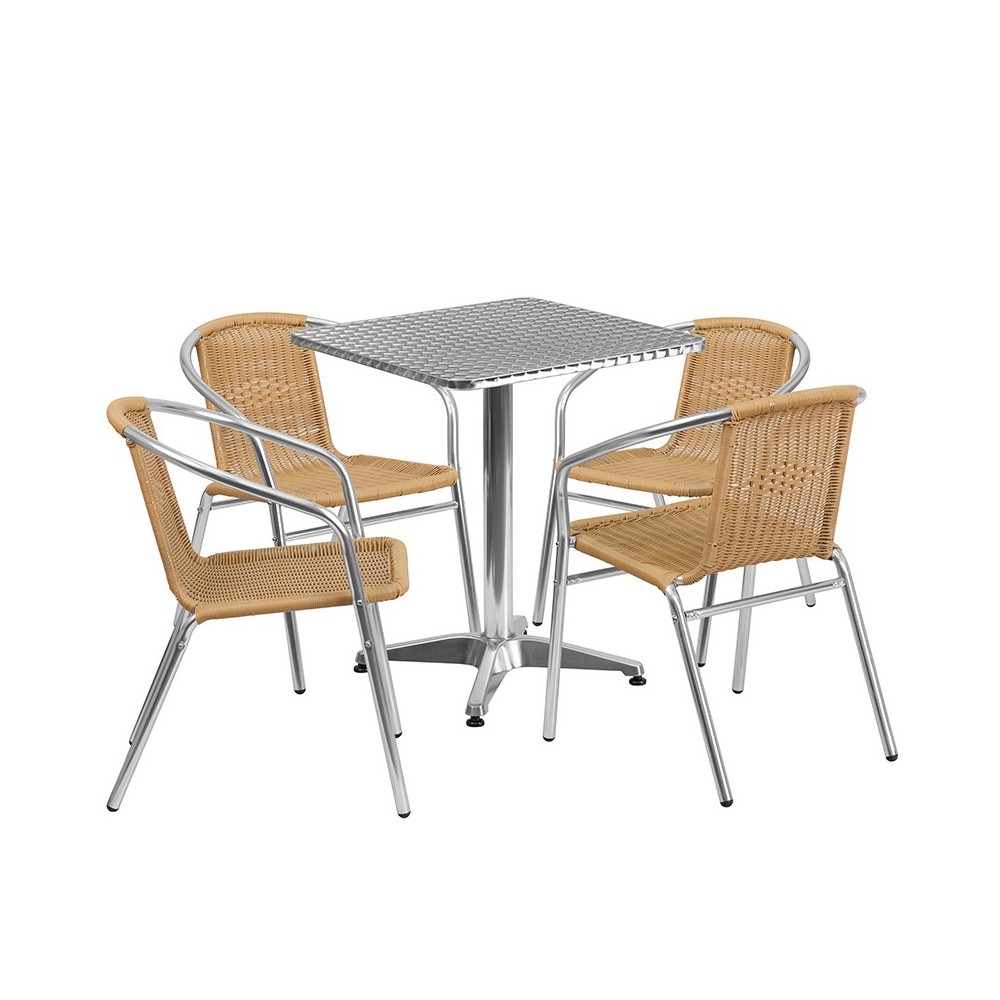 23.5'' Square Aluminum Indoor-Outdoor Table Set with 4 Beige Rattan Chairs