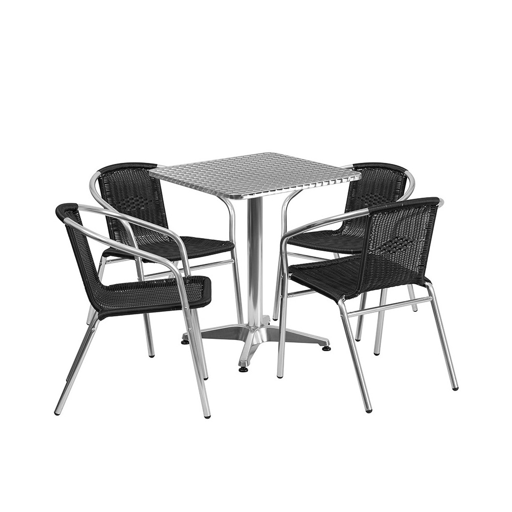 23.5'' Square Aluminum Indoor-Outdoor Table Set with 4 Black Rattan Chairs