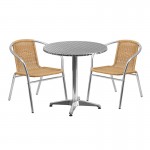 27.5'' Round Aluminum Indoor-Outdoor Table Set with 2 Beige Rattan Chairs