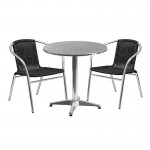 27.5\'\' Round Aluminum Indoor-Outdoor Table Set with 2 Black Rattan Chairs