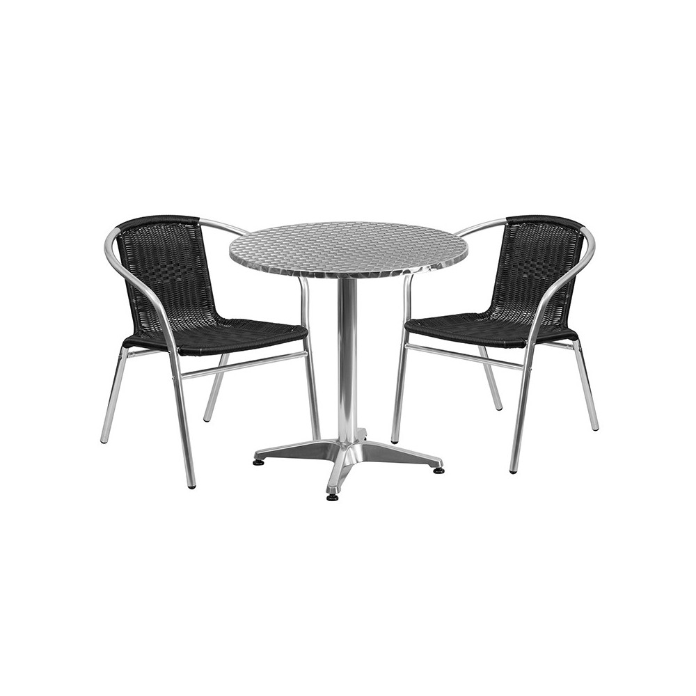 27.5'' Round Aluminum Indoor-Outdoor Table Set with 2 Black Rattan Chairs 27.5'' Round Aluminum Indoor-Outdoor Table Set with 2 Black Rattan Chairs
