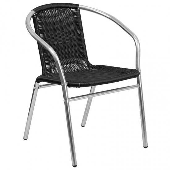 27.5'' Round Aluminum Indoor-Outdoor Table Set with 2 Black Rattan Chairs