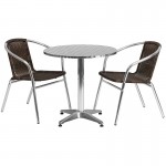 27.5'' Round Aluminum Indoor-Outdoor Table Set with 2 Dark Brown Rattan Chairs