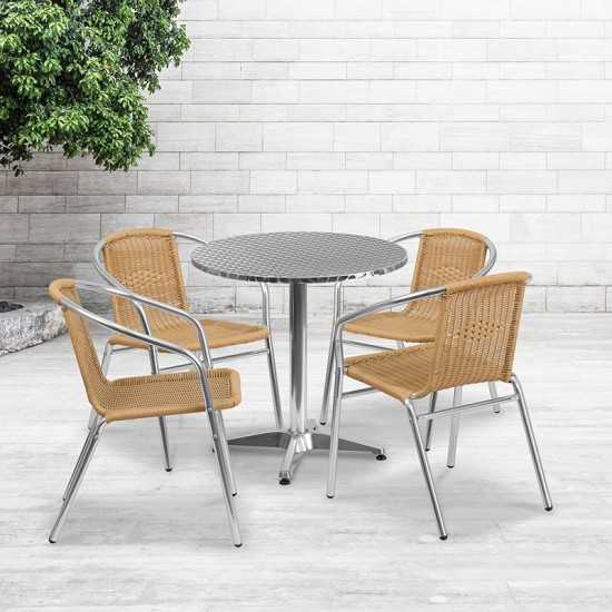 27.5'' Round Aluminum Indoor-Outdoor Table Set with 4 Beige Rattan Chairs